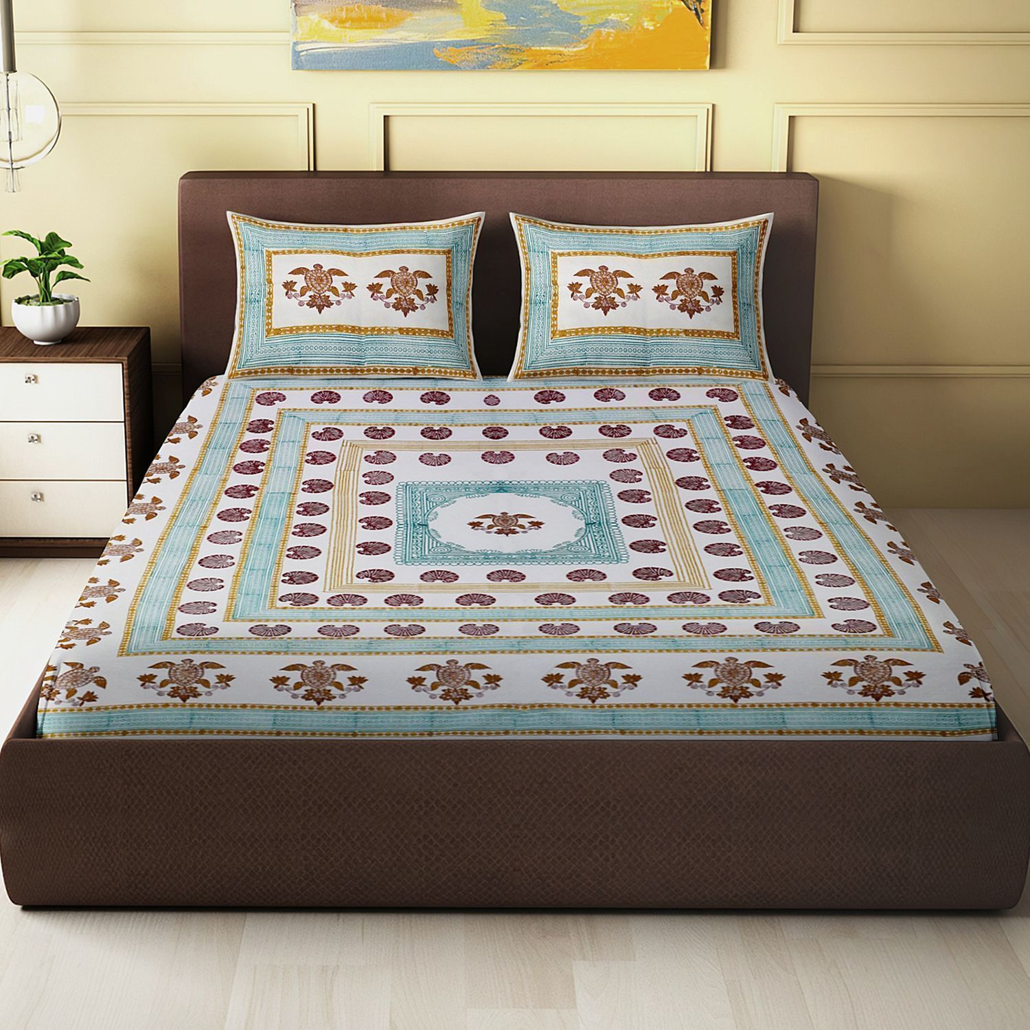 Bell Metal Scorpio Motif - Block Printed King Size Double Bed Sheet