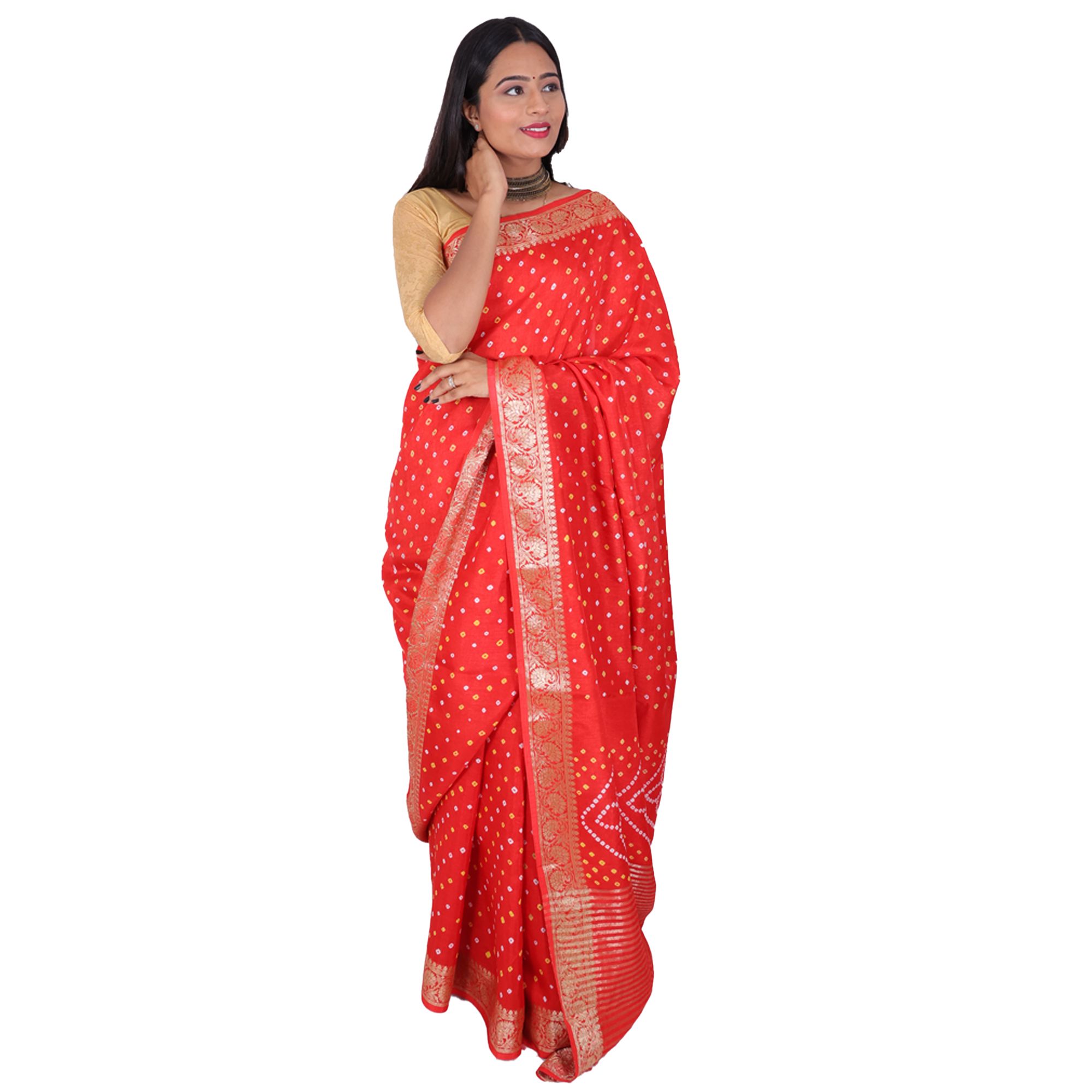 Tribes India Handwoven Red Bandhej Saree