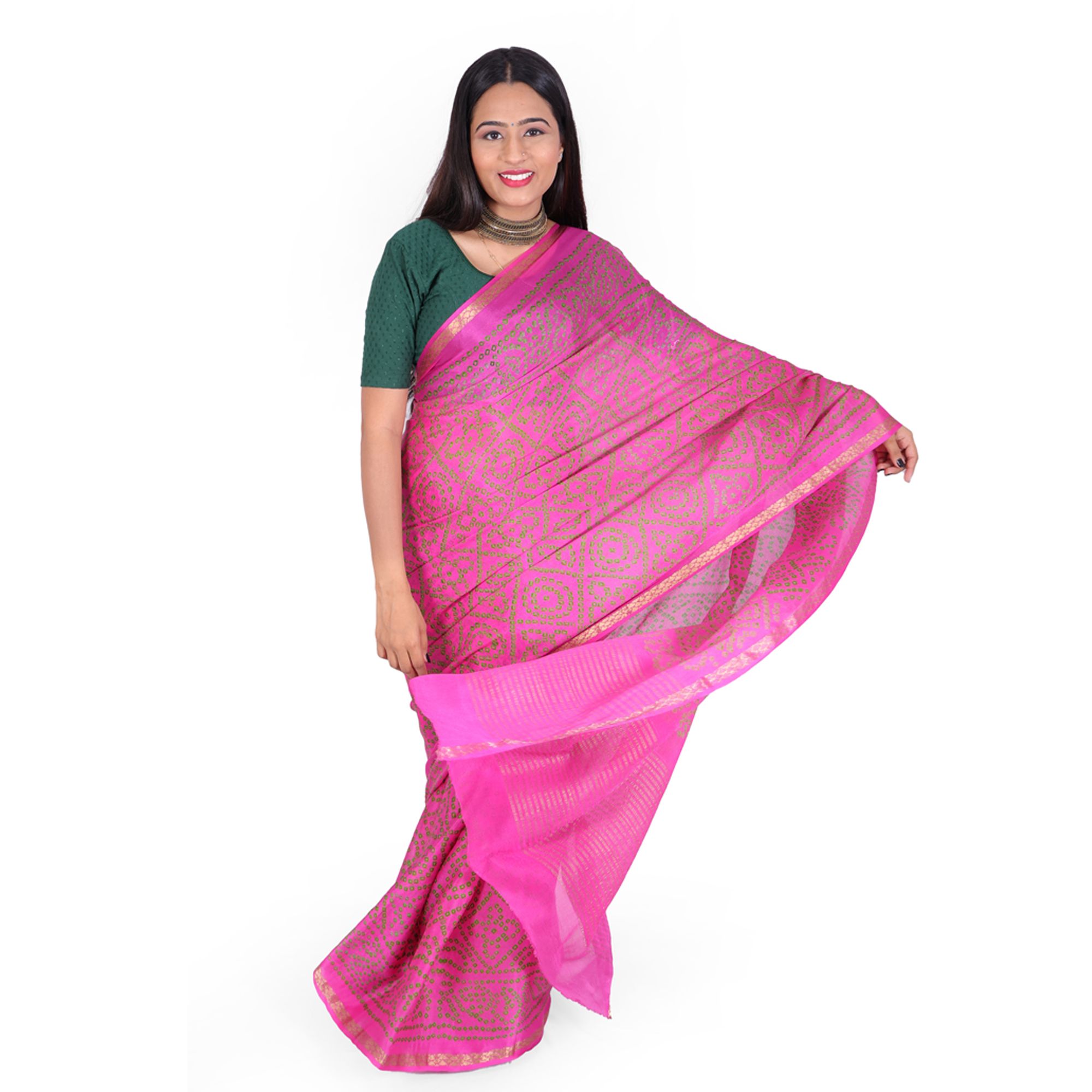 Tribes India Handwoven Pink Bandhej Saree