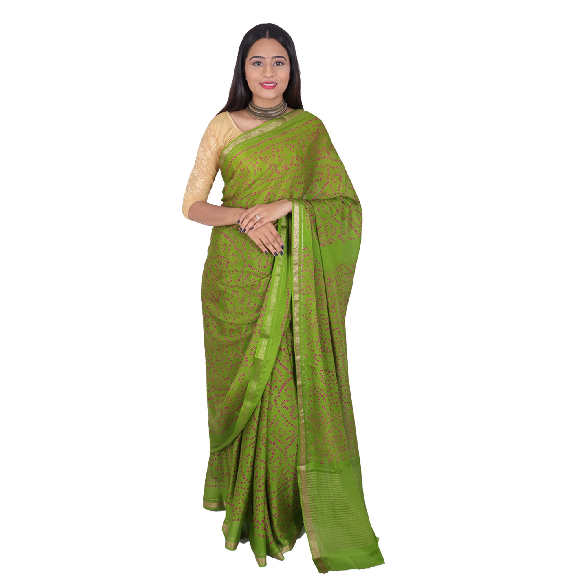Tribes India Handwoven Olive Green and Purple Bandhej Saree