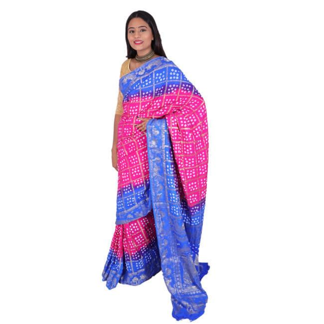 Tribes India Handwoven Pink and Blue Bandhej Saree