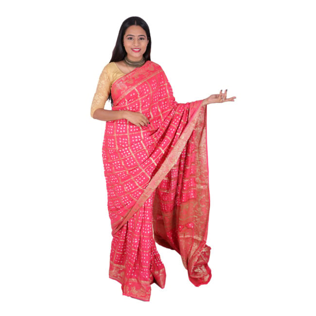 Tribes India Handwoven Flamingo Pink Bandej Saree