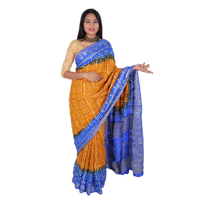 Tribes India Handwoven Tangerine and Blue Bandhej Saree