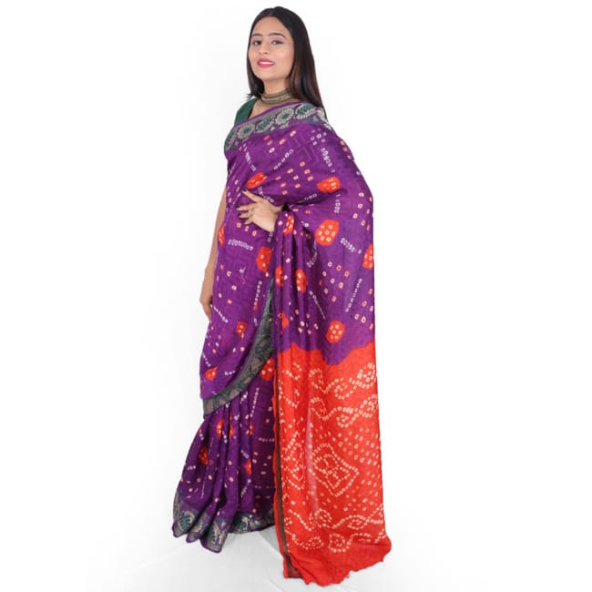 Tribes India Handwoven Violet and Red Maroon Bandhej Saree