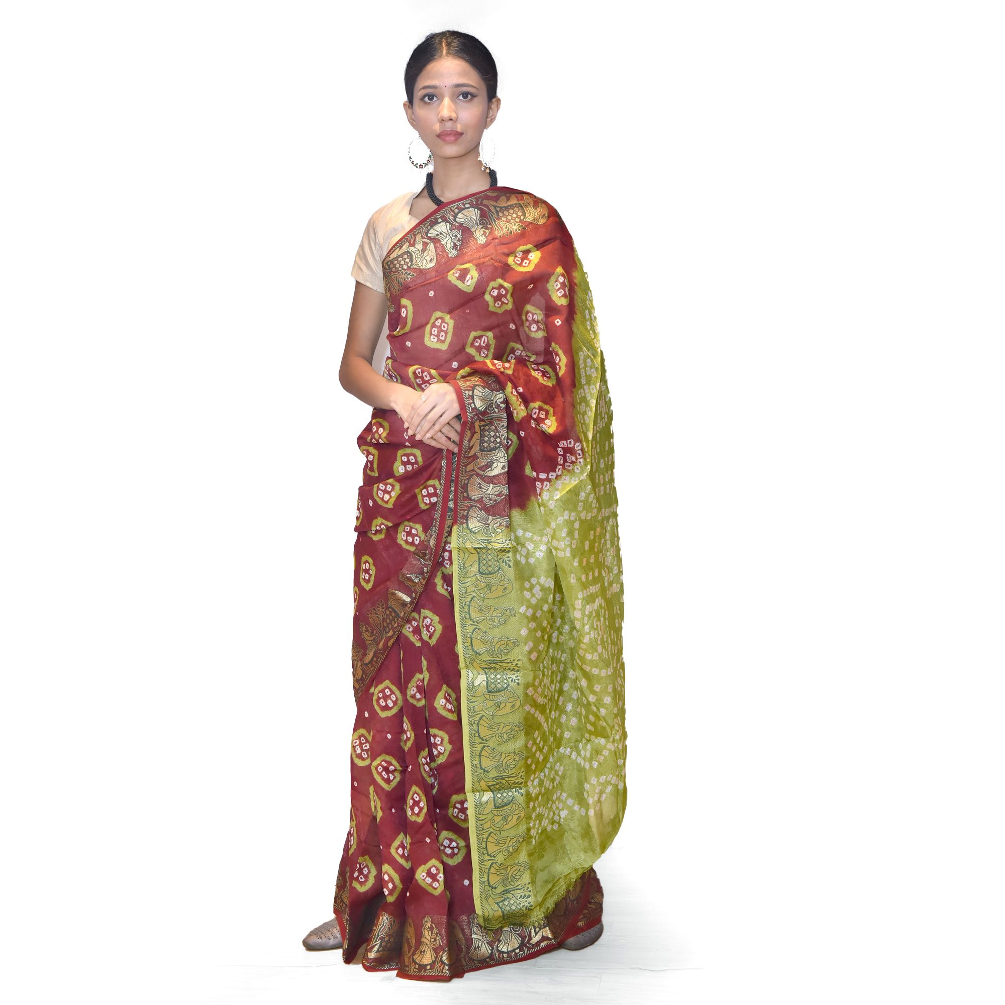 Tribes India Handwoven Red Bandej Flowring Saree