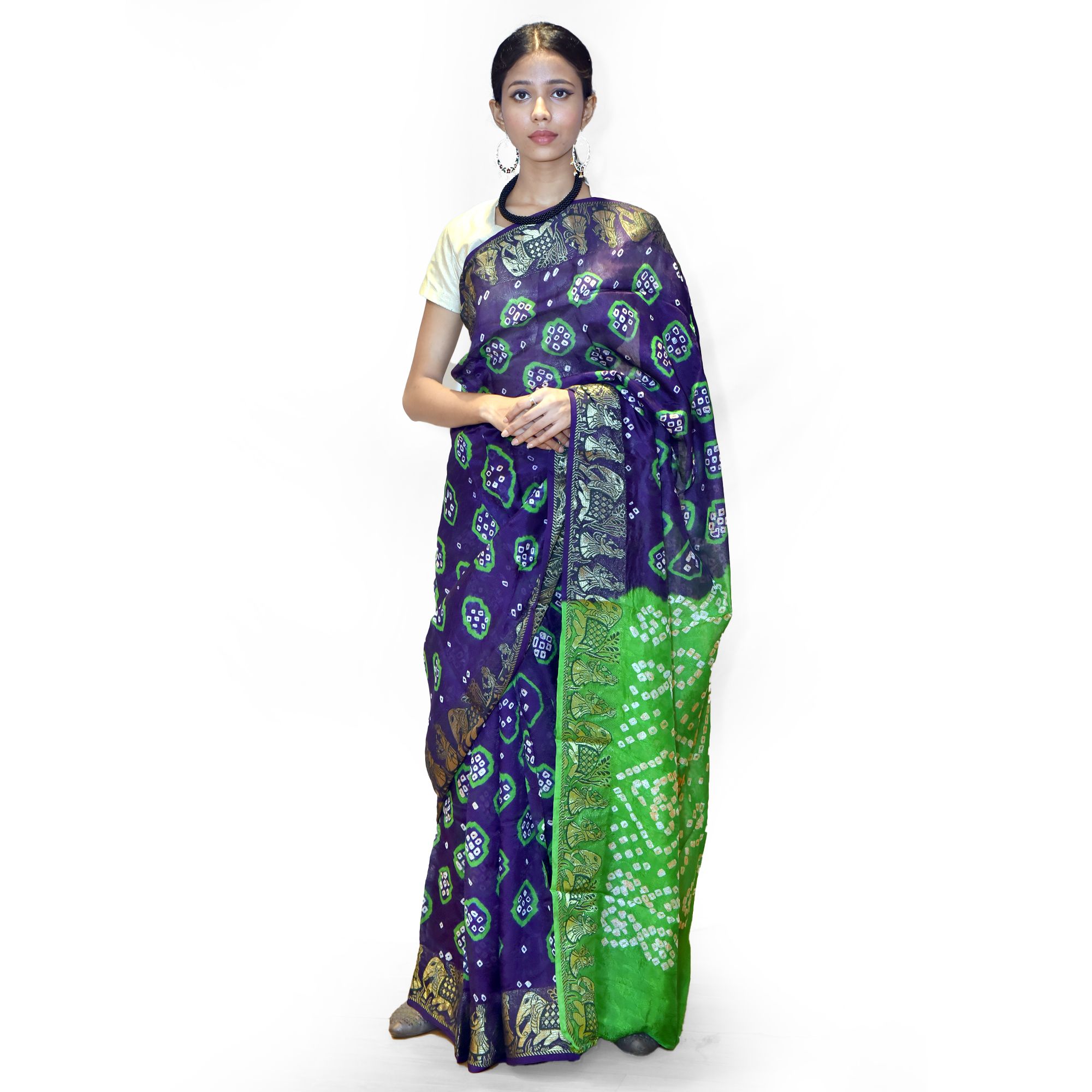 Tribes India Handwoven Blue and Green Bandej Flowring Saree