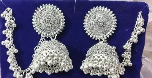 Bahubali Jhumka earring with chain oxidised jewellery silver handmade