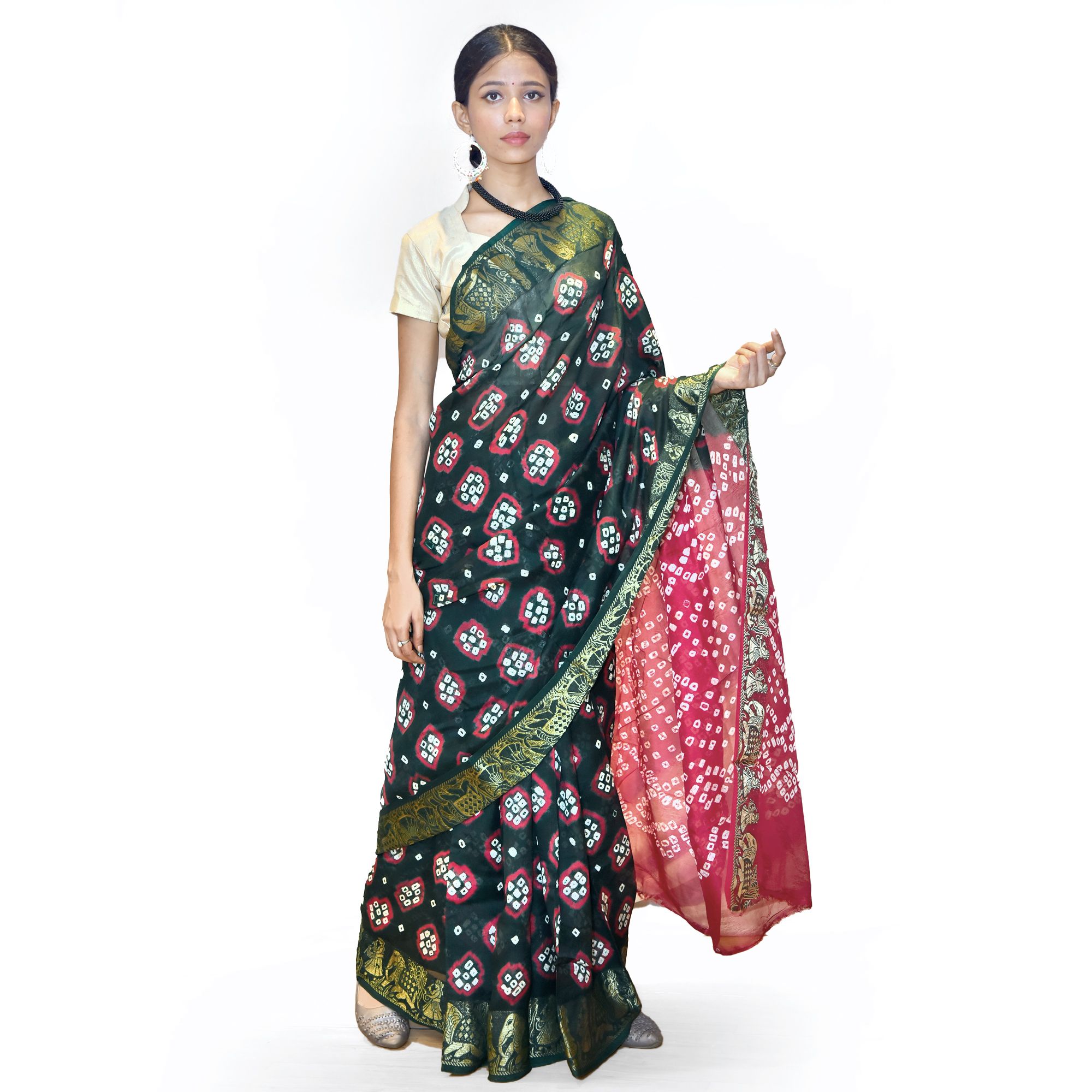 Tribes India Handwoven Green and Red Bandej Flowring Saree