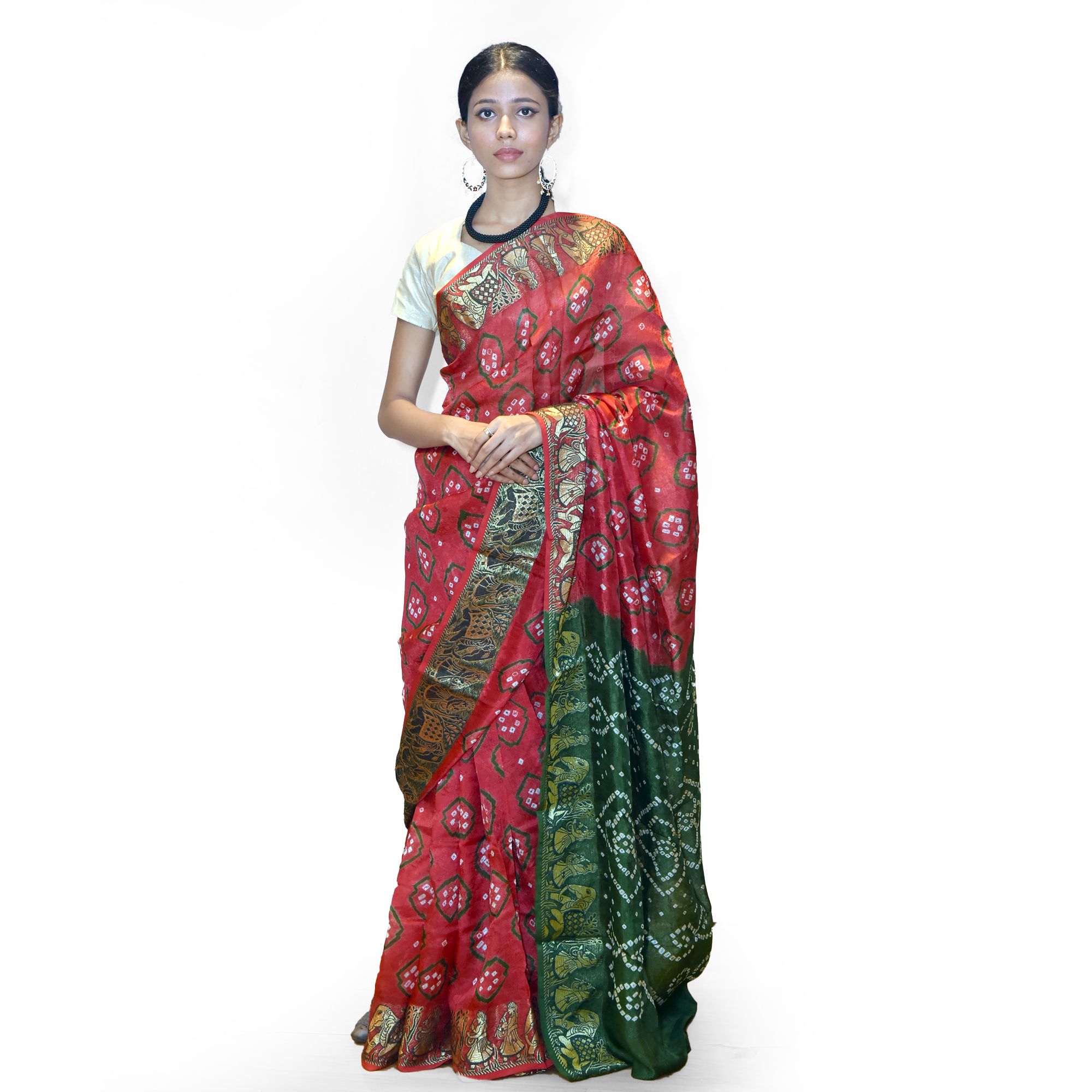Tribes India Handwoven Red and Green Bandej Flowring Saree