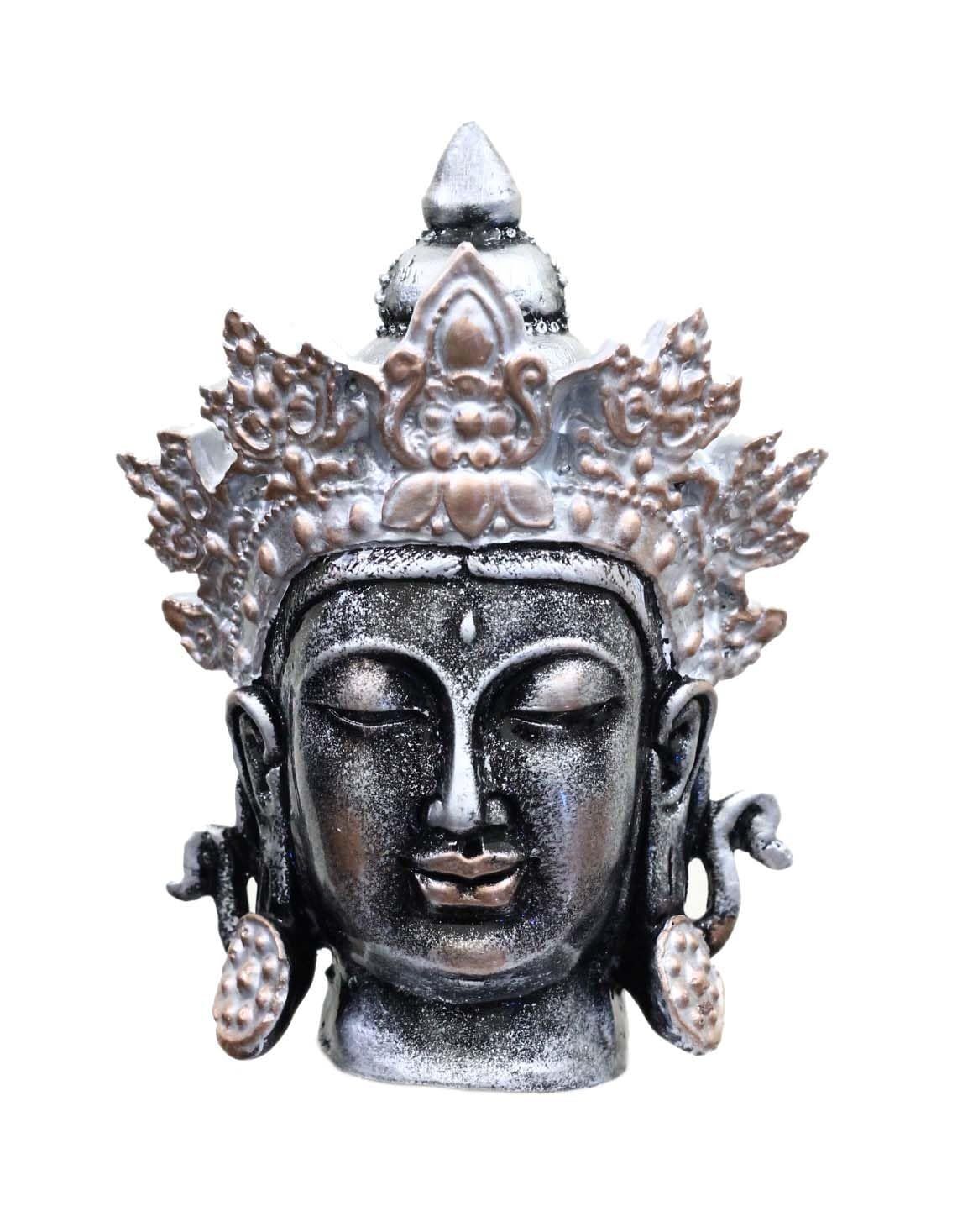 COPPERHOARD Antique Silver Resin Tara Devi Goddess Tara Meditating Buddha Head Statue with Beautiful Smile and Crown for Home Decor and Gifting.