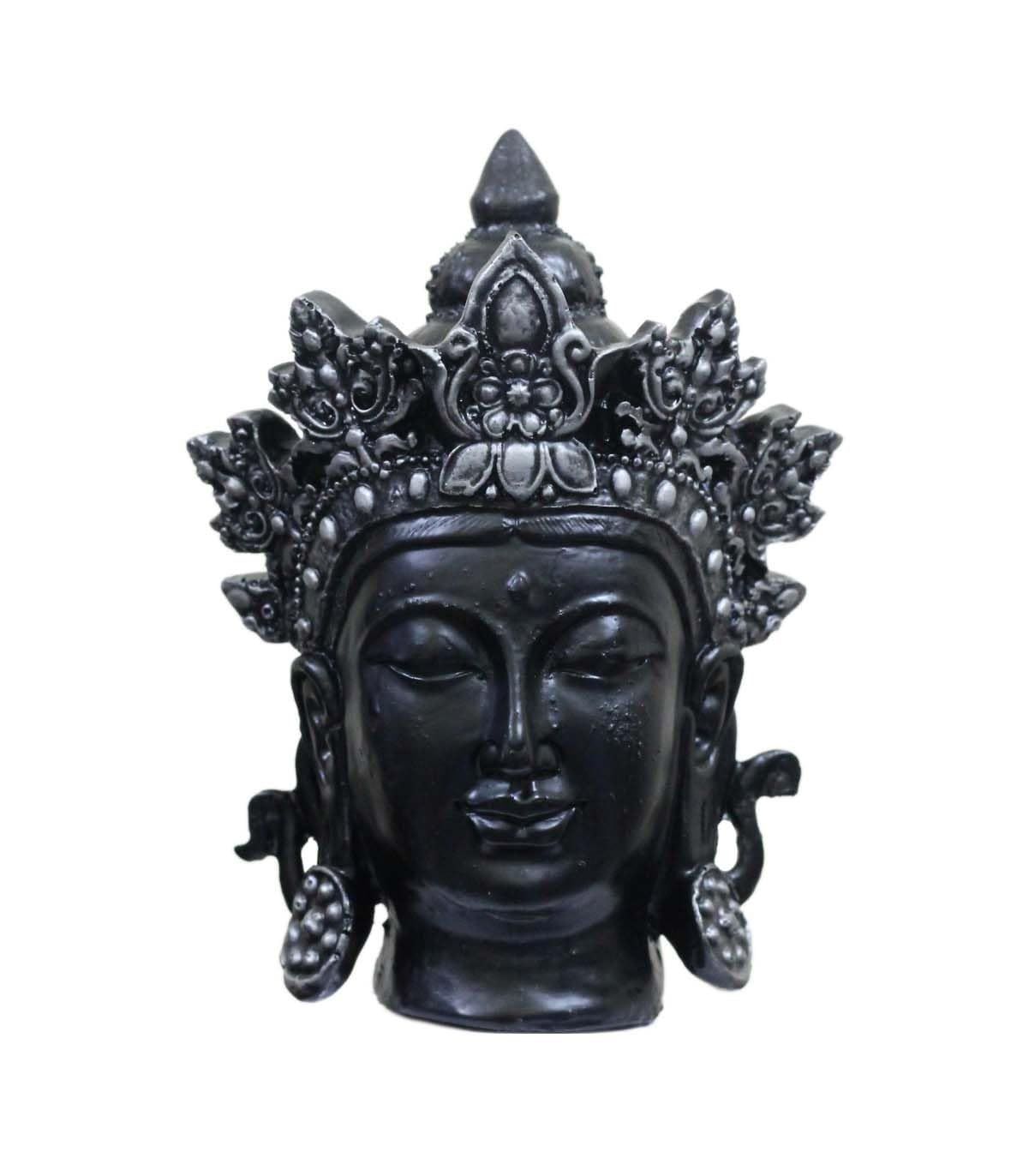 COPPERHOARD Black Silver Resin Tara Devi Goddess Tara Meditating Buddha Head Statue with Beautiful Smile and Crown for Home Decor and Gifting.
