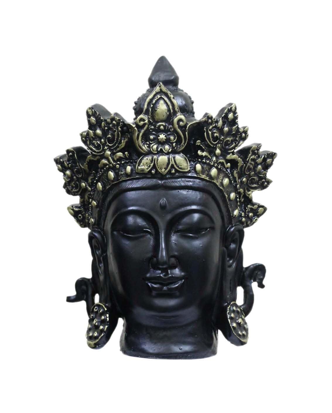 COPPERHOARD Black Gold Resin Tara Devi Goddess Tara Meditating Buddha Head Statue with Beautiful Smile and Crown for Home Decor and Gifting.
