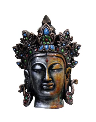 COPPERHOARD Antique Art Multicoloured Tara Devi Goddess Tara Resin Meditating Buddha Head Statue with Beautiful Smile and Crown for Home Decor and Gifting. COPPERHOARD Antique Art Multicoloured Tara Devi Goddess Tara Resin Meditating Buddha Head Statue with Beautiful Smile and Crown for Home Decor and Gifting.