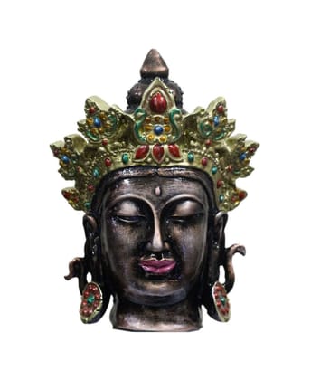 COPPERHOARD Brown Multicoloured Resin Tara Devi Goddess Tara Meditating Buddha Head Statue with Beautiful Smile and Crown for Home Decor and Gifting. COPPERHOARD Brown Multicoloured Resin Tara Devi Goddess Tara Meditating Buddha Head Statue with Beautiful Smile and Crown for Home Decor and Gifting.