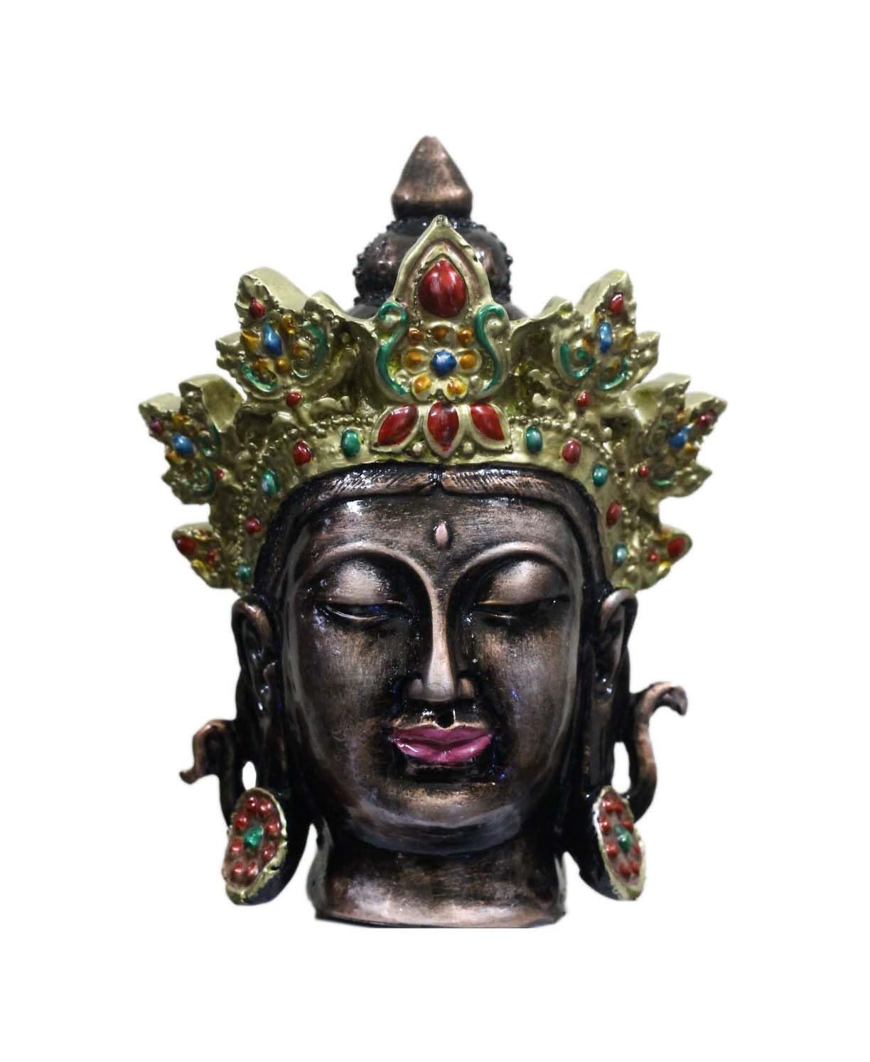 COPPERHOARD Brown Multicoloured Resin Tara Devi Goddess Tara Meditating Buddha Head Statue with Beautiful Smile and Crown for Home Decor and Gifting.