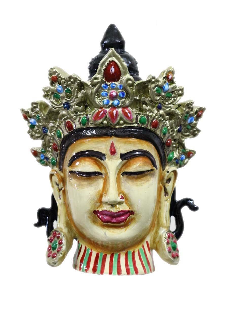 COPPERHOARD Beige Multicoloured Resin Tara Devi Goddess Tara Meditating Buddha Head Statue with Beautiful Smile and Crown for Home Decor and Gifting.