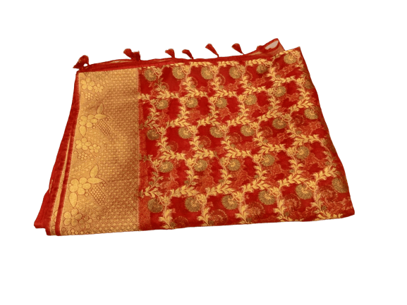 Red Printed Woven Banarasi Silk Saree