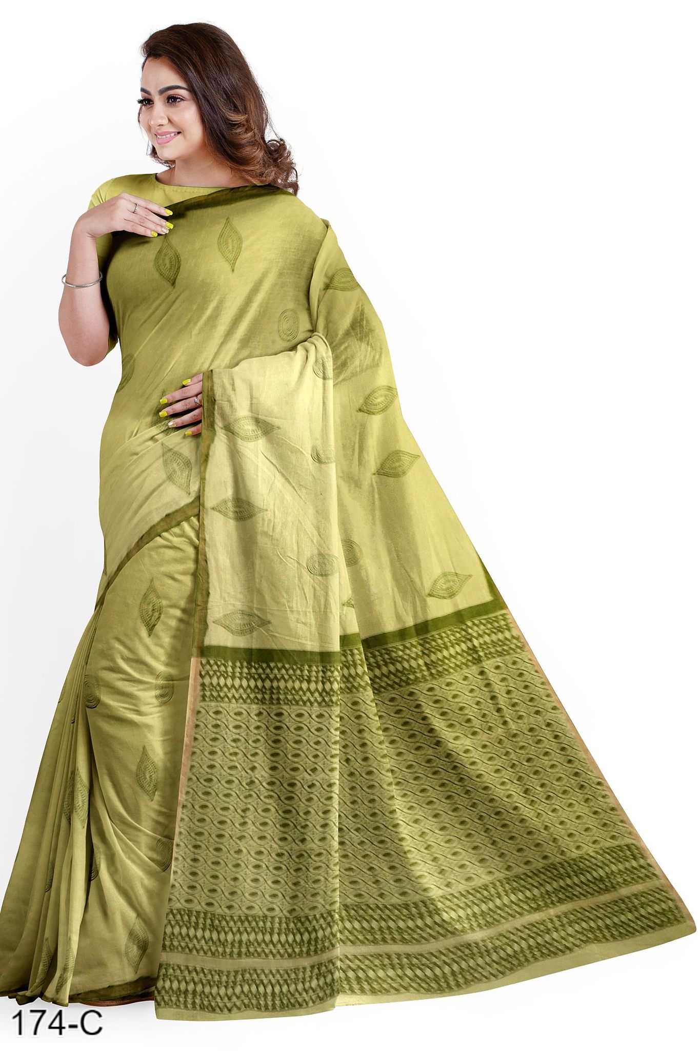 Light Green Hand Block Printed Chanderi Saree