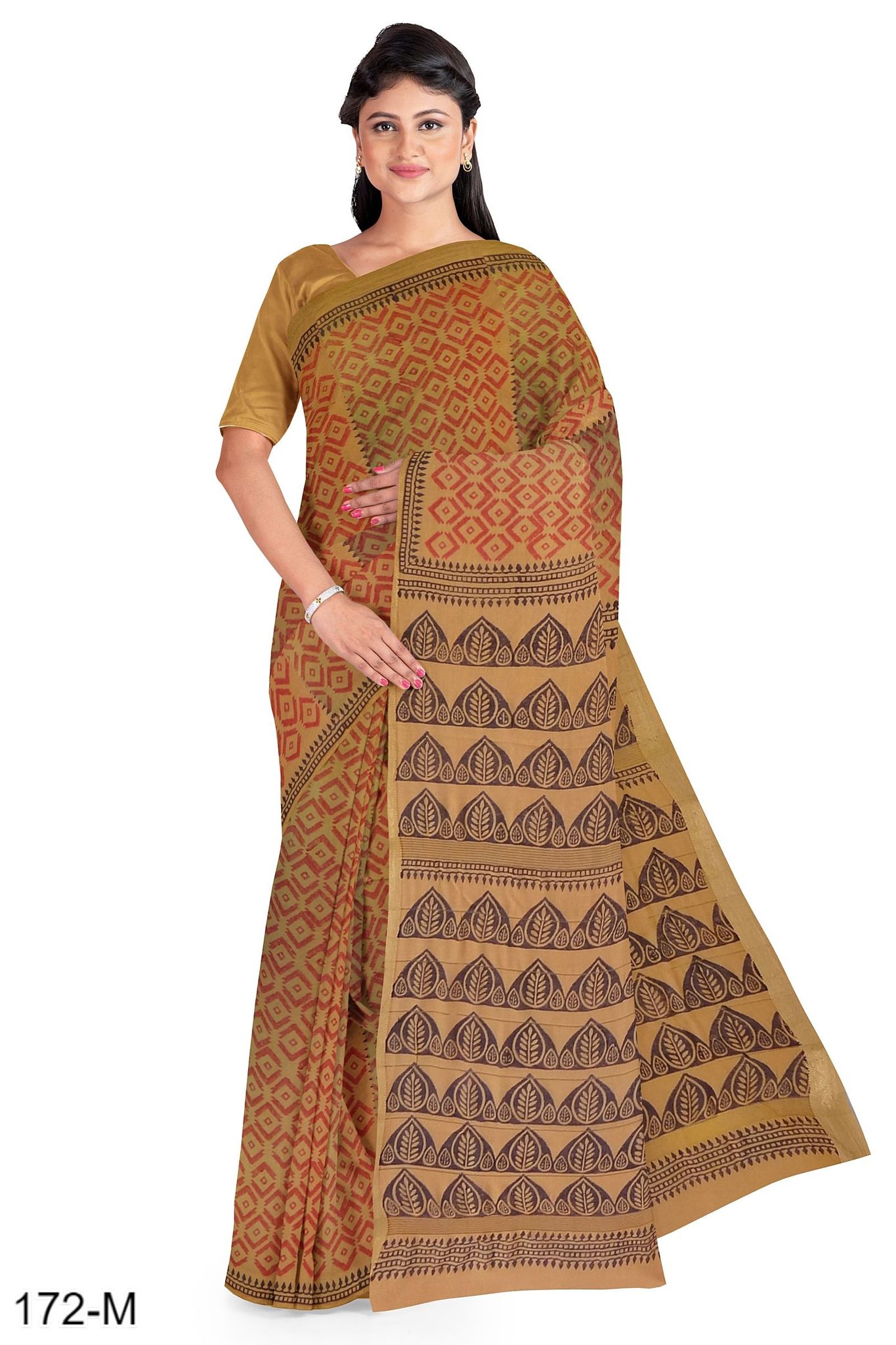 Dark Yellow Hand Block Printed Maheshwari Saree
