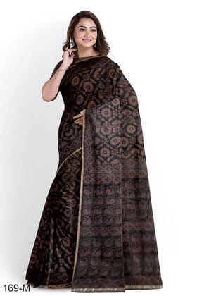 Dark Brown Hand Block Printed Maheshwari Saree Dark Brown Hand Block Printed Maheshwari Saree