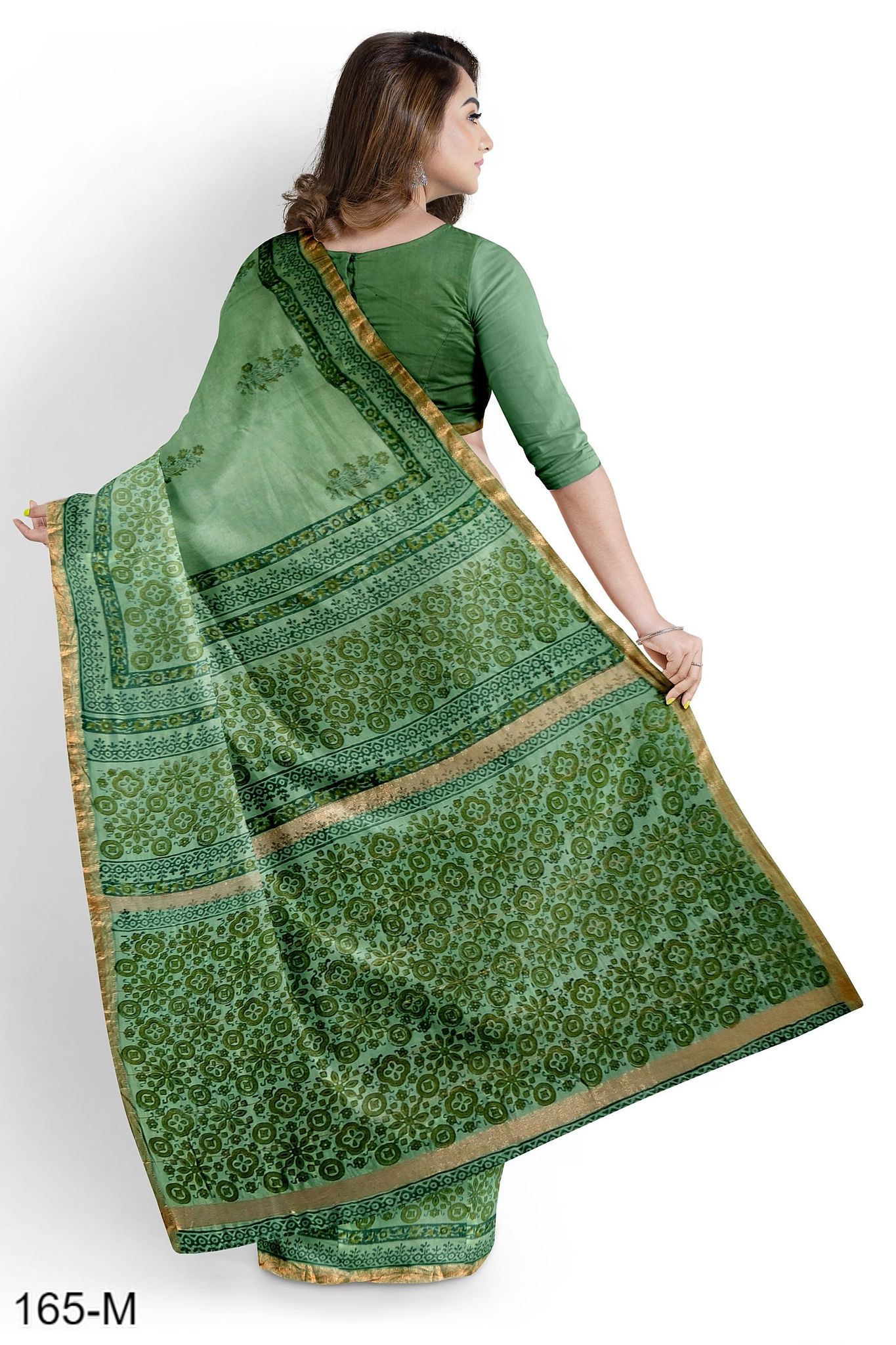 Green Hand Block Printed Maheshwari Saree