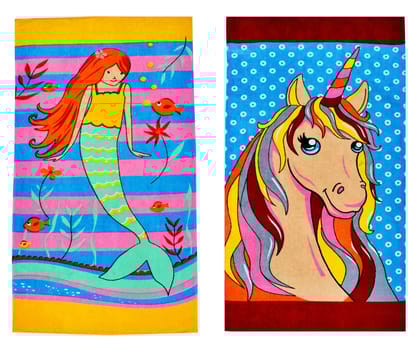 Mandhania Cotton Cartoon Printed Kids Bath Towel for Boys N Girls Pack of 2