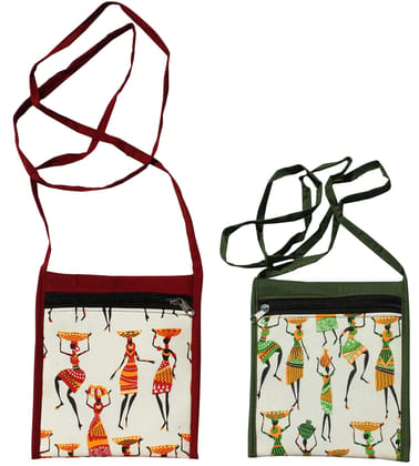 Mandhania Warli Printed Cotton Sling Bags for Womens Pack of 2 Multicolor Mandhania Warli Printed Cotton Sling Bags for Womens Pack of 2 Multicolor