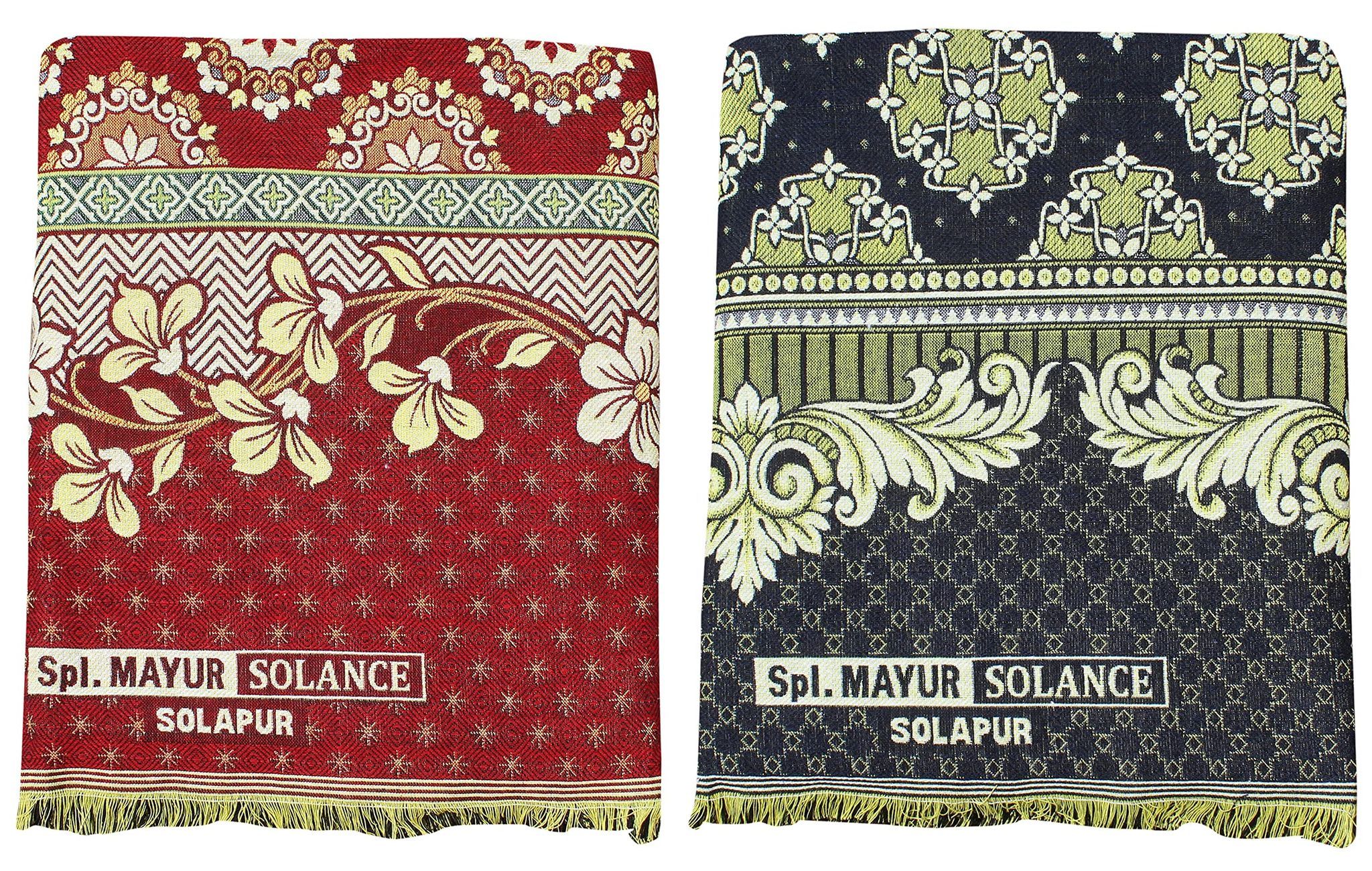 Solance Cotton Mayur Pankh Solapuri Chaddar (Red, Dark Blue, Extra Large Double) - Pack of 2