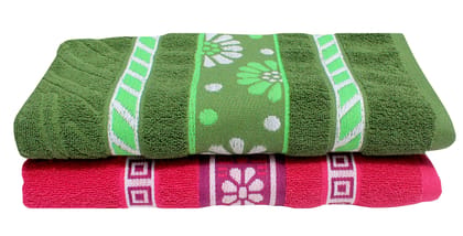 Mandhania Flora Border Soft Cotton BathTowels, 70x140 cm Pack of 2 Green & Pink