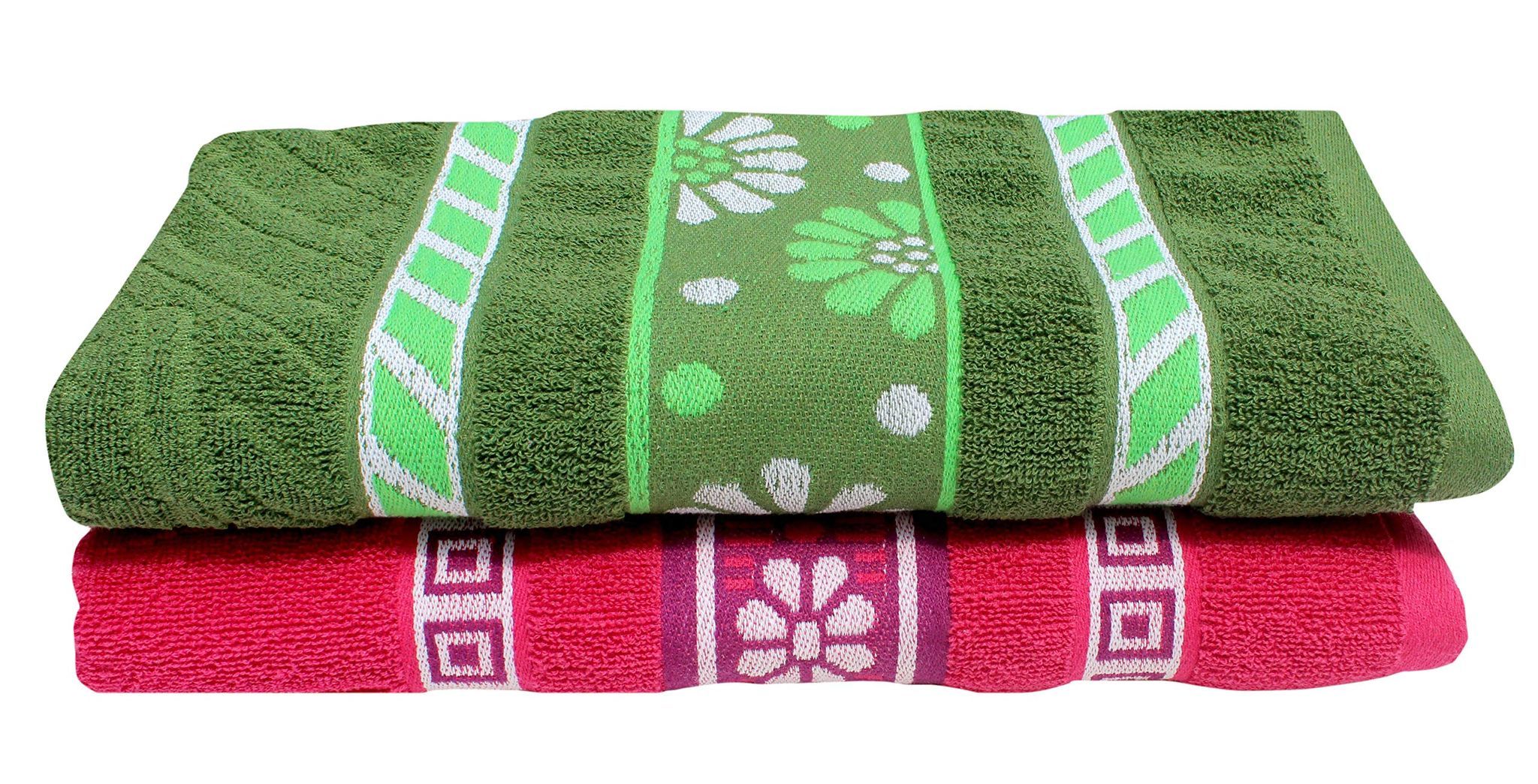 Mandhania Flora Border Soft Cotton BathTowels, 70x140 cm Pack of 2 Green & Pink