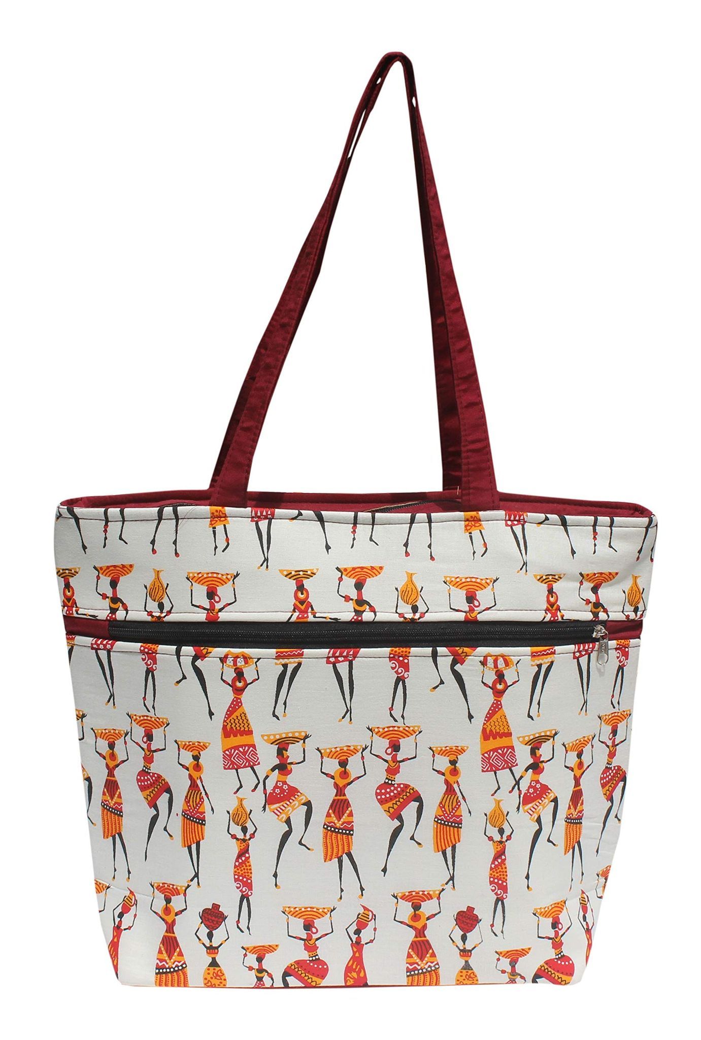 Mandhania Warli Printed Indian Tribal Art Women's Tote, Shoulder Bag Red