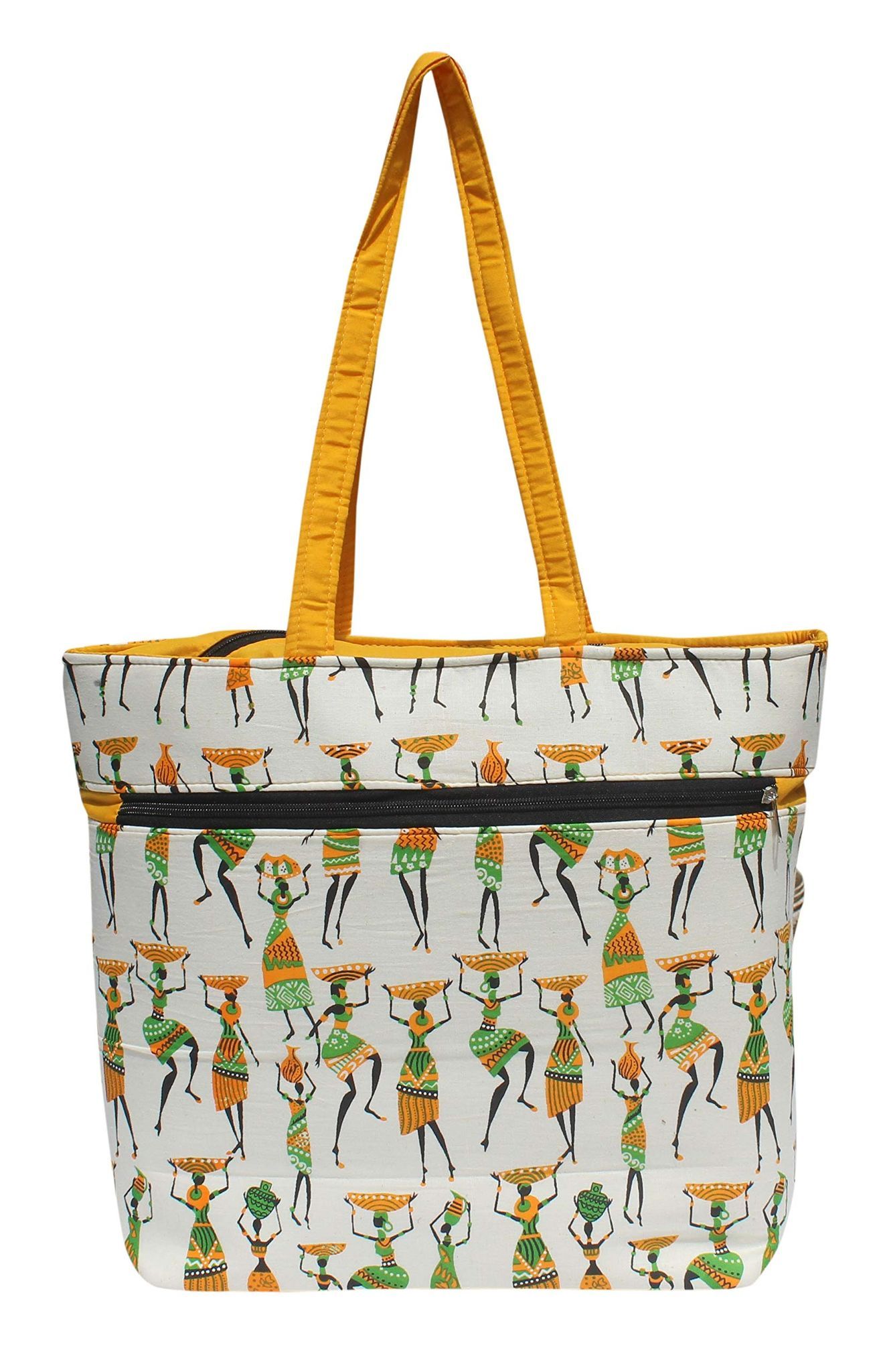 Mandhania Warli Printed Indian Tribal Art Women's Tote, Shoulder Bag Yellow