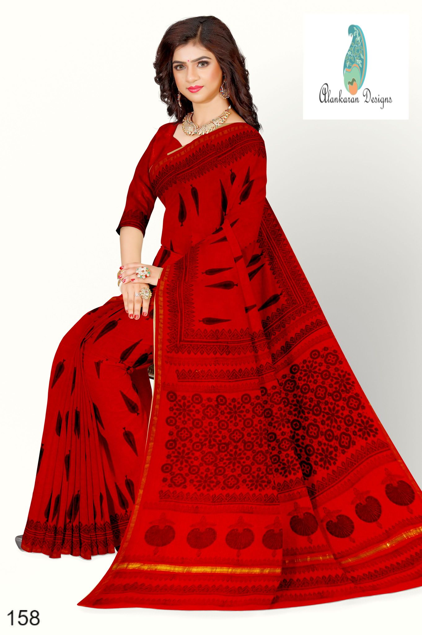 Red Hand Block Printed Chanderi Saree