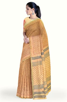 Yellow Hand Block Printed Maheshwari Saree Yellow Hand Block Printed Maheshwari Saree