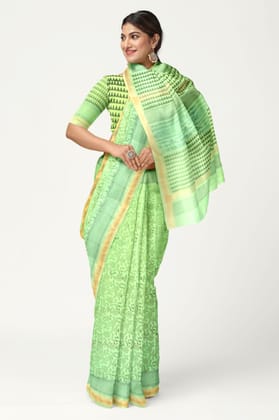 Light Green Hand Block Printed Maheshwari Saree Light Green Hand Block Printed Maheshwari Saree