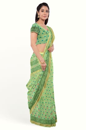 Light Green Hand Block Printed Maheshwari Saree Light Green Hand Block Printed Maheshwari Saree