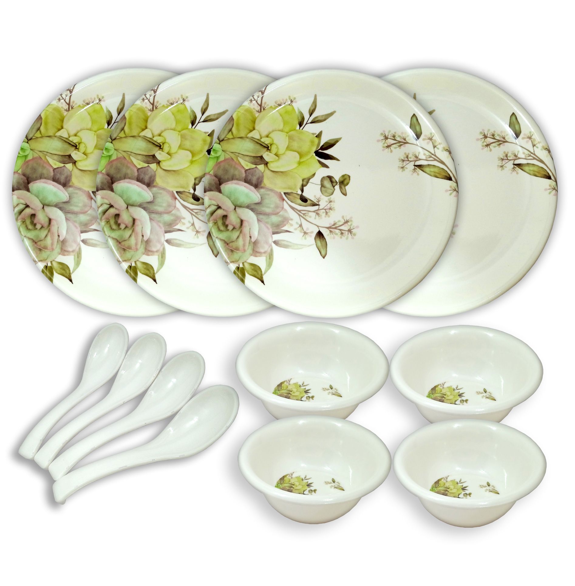 Inpro Melamine Dinner Set 12 Pcs (4 Full Plate, 4 Bowl, 4 Spoon).Elevate your dining experience with our exquisite 12-Piece Melamine Dinner Set