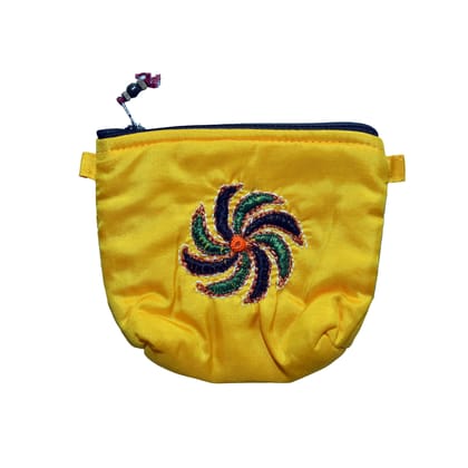 Tribes India Handcrafted Silk Fabric Yellow Pouch Coin