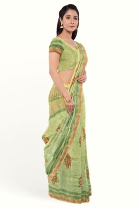 Light Green Hand Block Printed Maheshwari Saree Light Green Hand Block Printed Maheshwari Saree