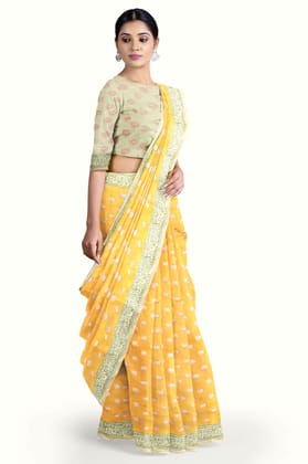 Yellow Hand Block Printed Maheshwari Saree Yellow Hand Block Printed Maheshwari Saree