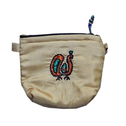 Tribes India Handcrafted Silk Fabric Light Cream Pouch Coin