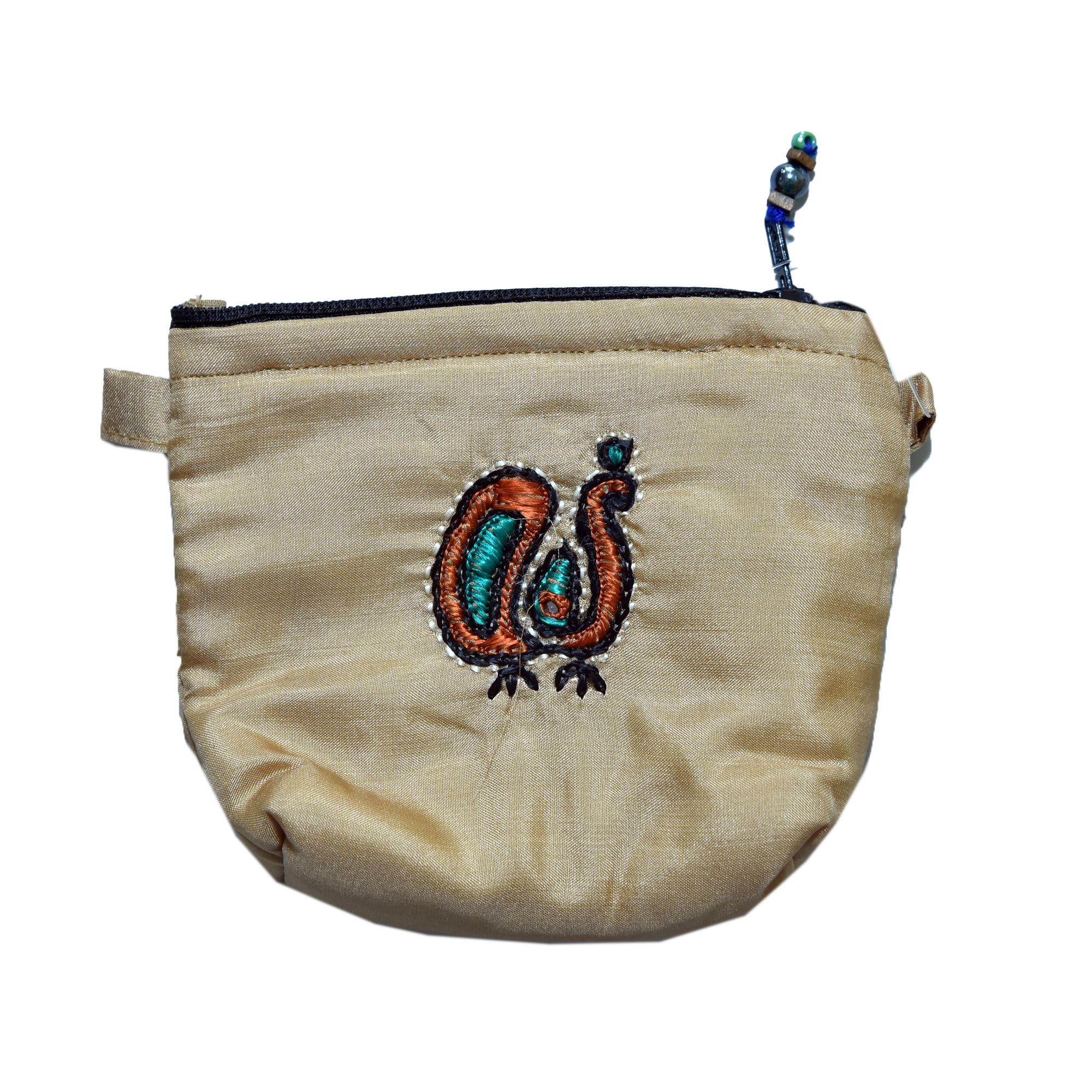 Tribes India Handcrafted Silk Fabric Light Cream Pouch Coin
