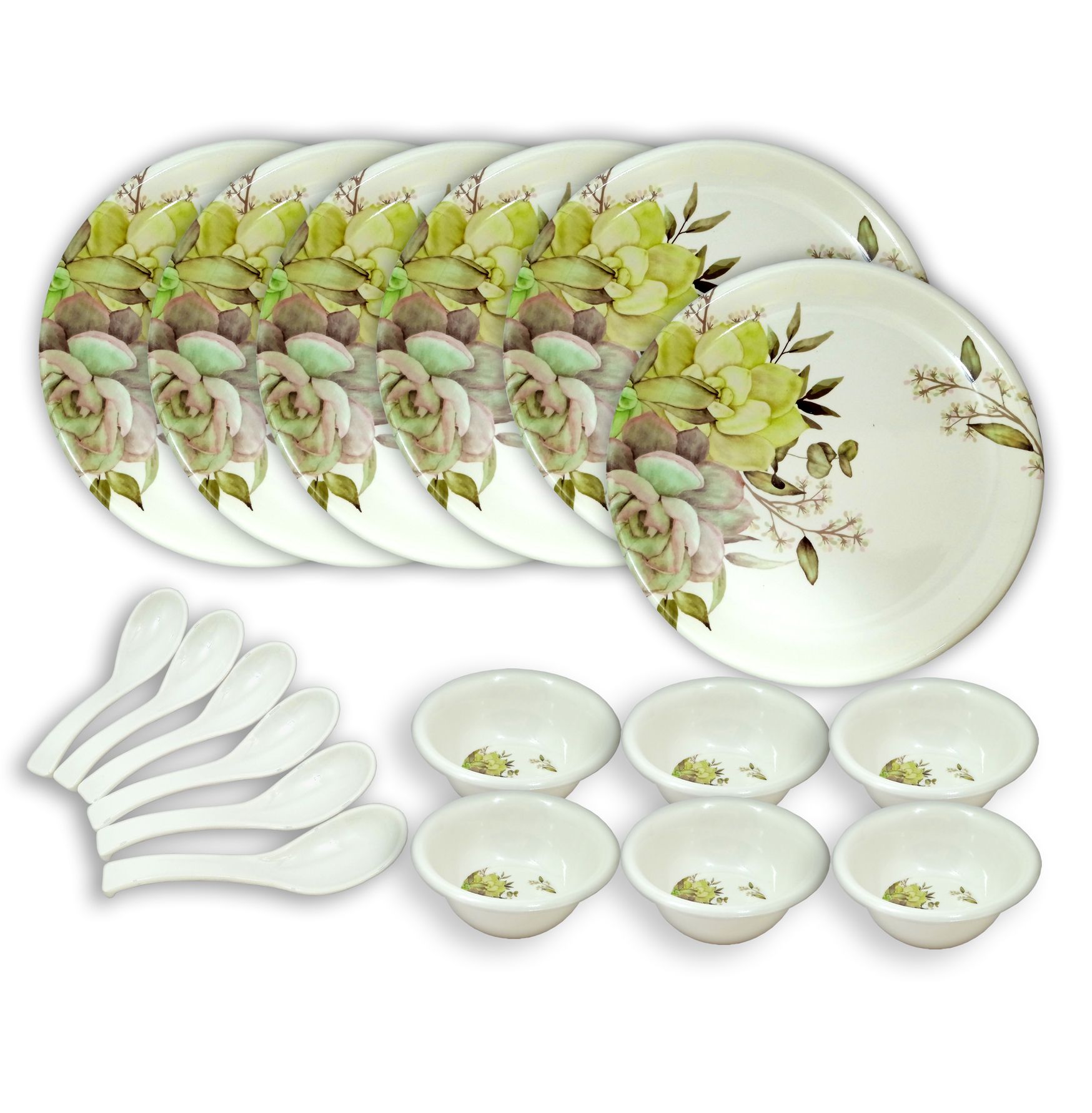 Inpro Melamine Dinner Set 18 Pcs (6 Full Plate, 6 Bowl, 6 Spoon).Elevate your dining experience with our exquisite 18-Piece Melamine Dinner Set.