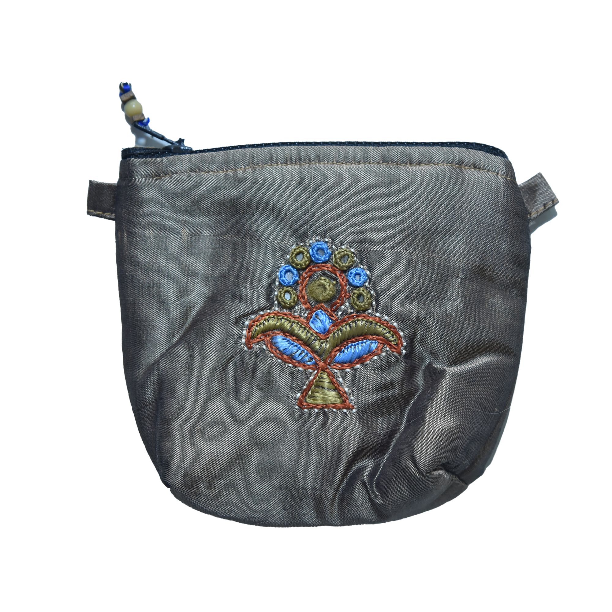 Tribes India Handcrafted Silk Fabric Light Brown Pouch Coin