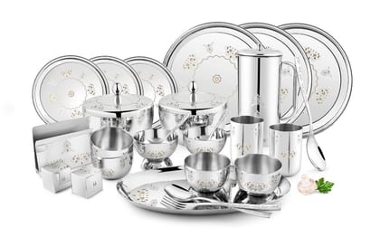 FnS Mandala 78pcs Stainless Steel Dinner Set (Quarter Plate, Full Plate, Glass, Serving Bowl, Desert Bowl, Glasses, Spoon, Rice Tray, Dinner Fork, Salt N Pepper) FnS Mandala 78pcs Stainless Steel Dinner Set (Quarter Plate, Full Plate, Glass, Serving Bowl, Desert Bowl, Glasses, Spoon, Rice Tray, Dinner Fork, Salt N Pepper)