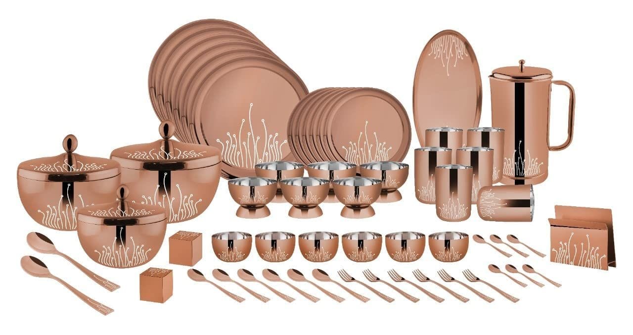 FnS LEHEREN 60pcs Stainless Steel Dinner Set (Quarter Plate, Full Plate, Glass, Serving Bowl, Desert Bowl, Glasses, Spoon & Rice Tray)