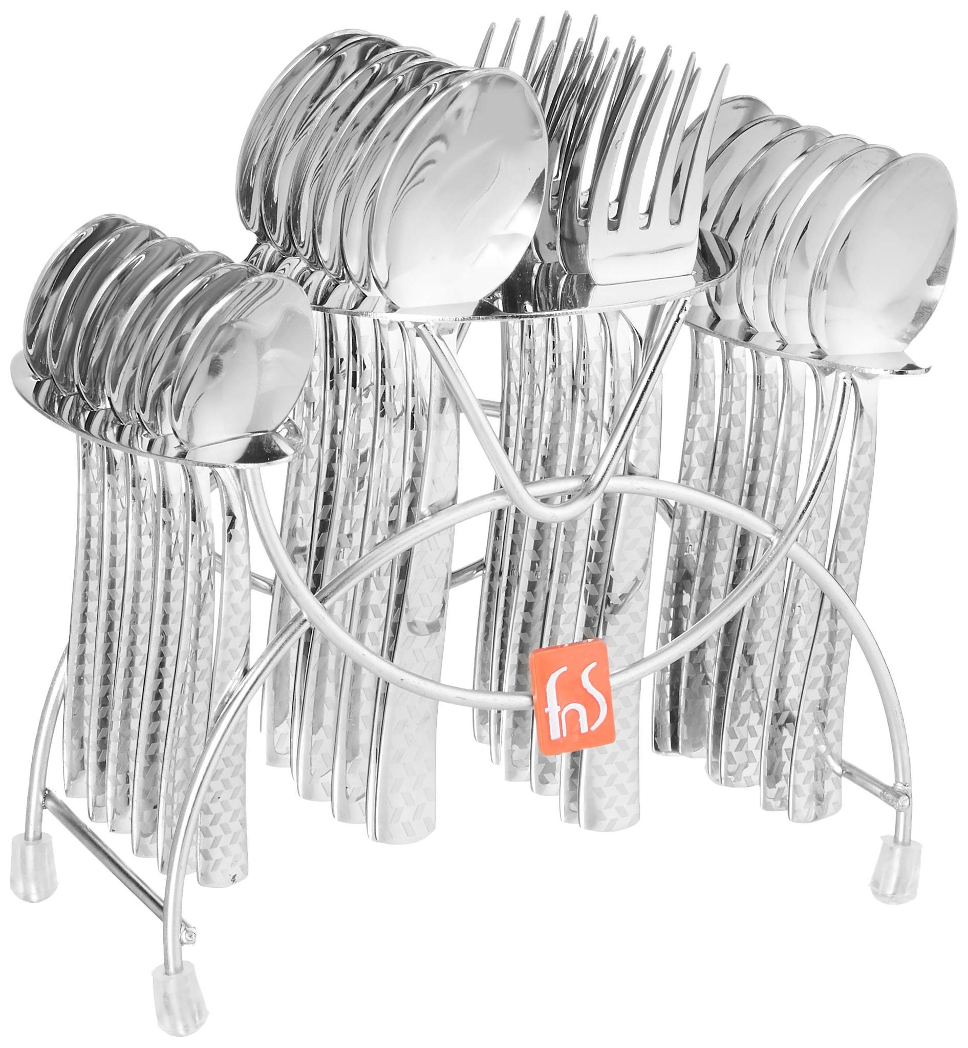 FnS Rhombo Stainless Steel Cutlery Set with Hanging Stand, 24-Piece (6 Dinner Spoons, 6 Dinner Forks, 6 Tea Spoons, 6 Baby Spoons & 1 Cutlery Stand)