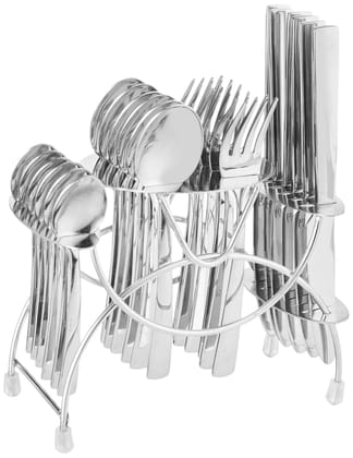 FNS Solo Premium Stainless Steel 24 Pcs Cutlery Set with Hanging Stand (6 Pcs Dinner Spoons, 6 Dinner Forks, 6 Dinner Knives and 6 Baby Spoons)