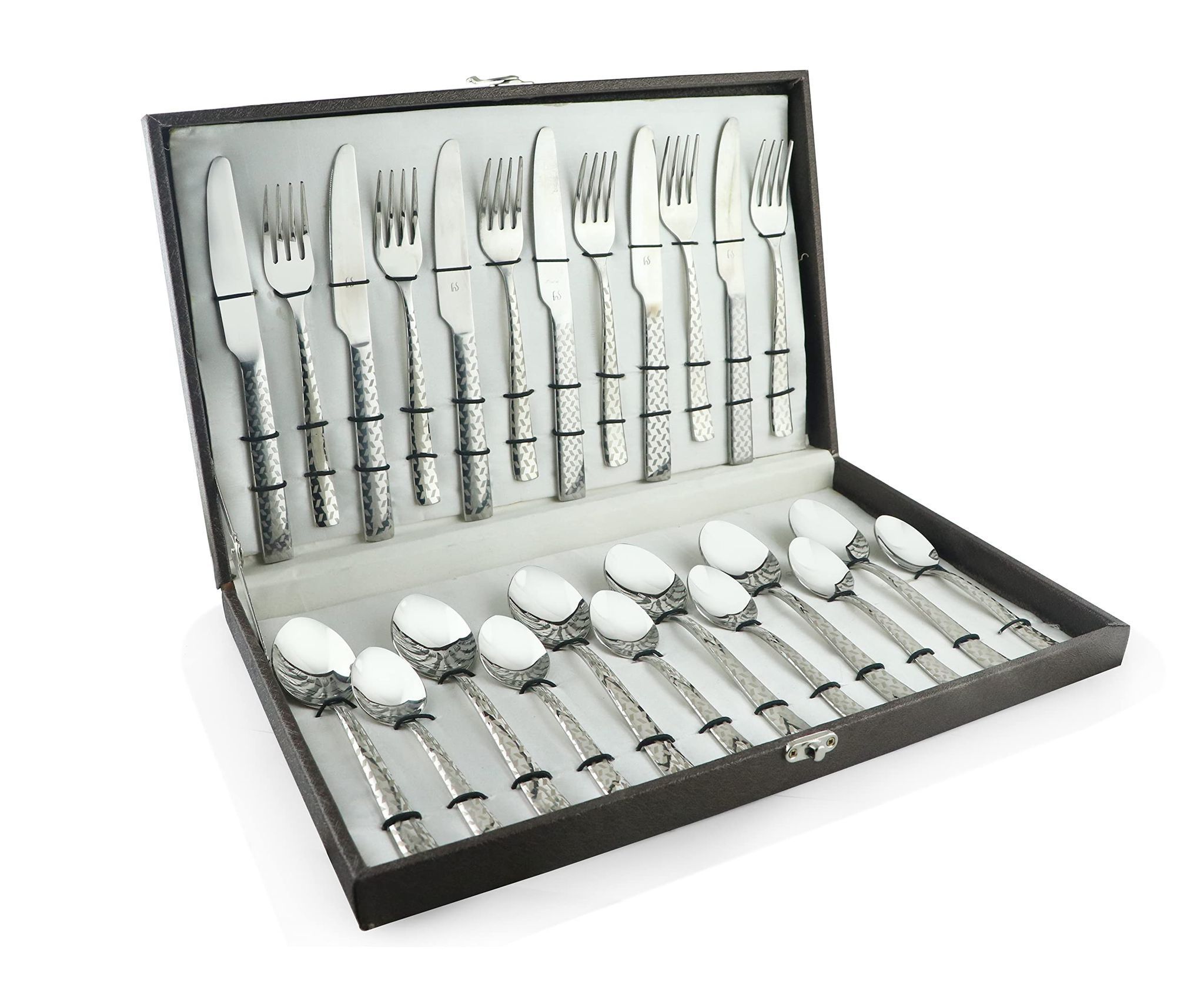 FnS Rhombo 24 Pcs Cutlery Set (6 Dinner Spoons, 6 Dinner Forks, 6 Dinner Knives & 6 Tea Spoons) with Leatherite Box