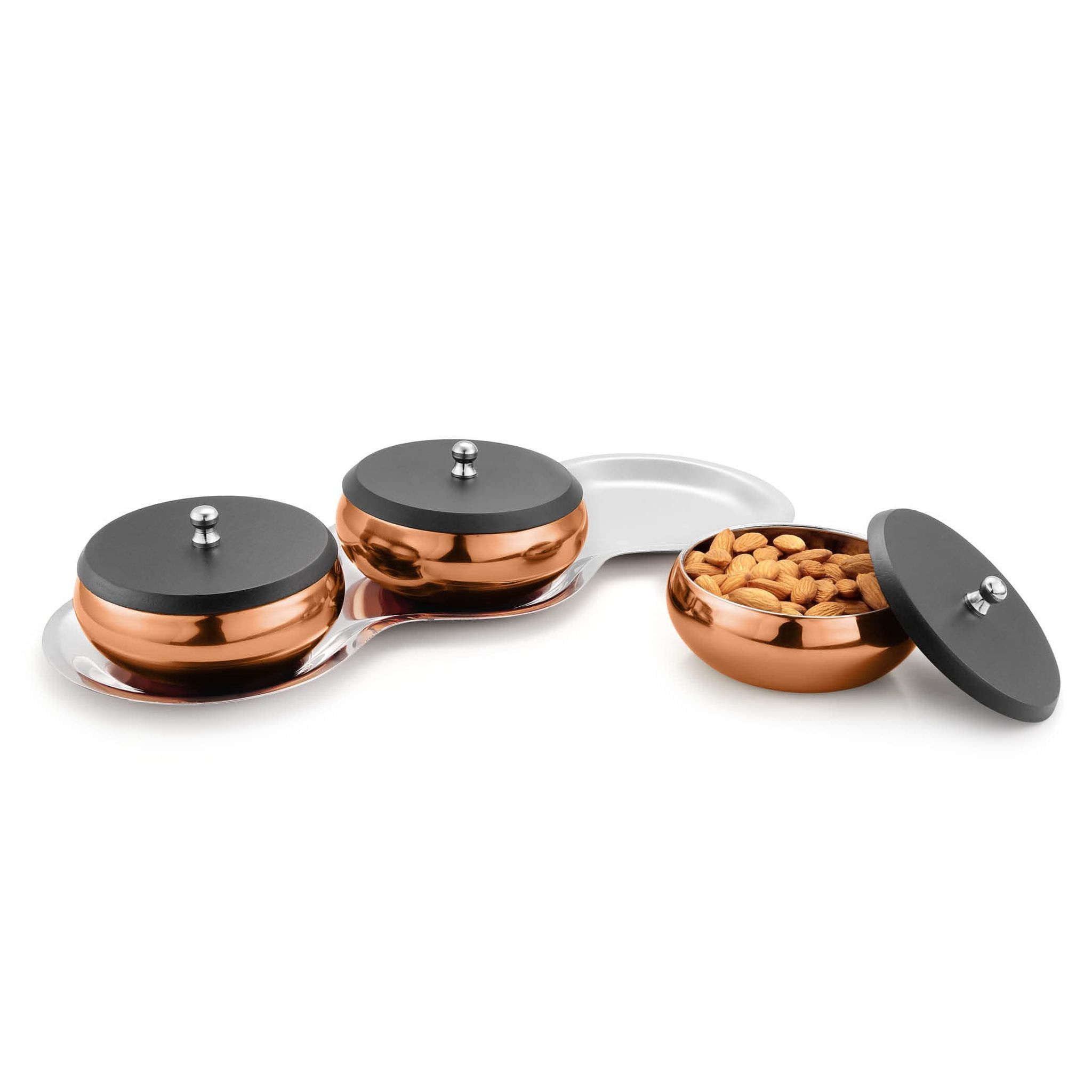 FNS International Pvt Ltd Stainless Steel Multipurpose 3 Serving Bowl with Tray and 3 Lid (Rose Gold)